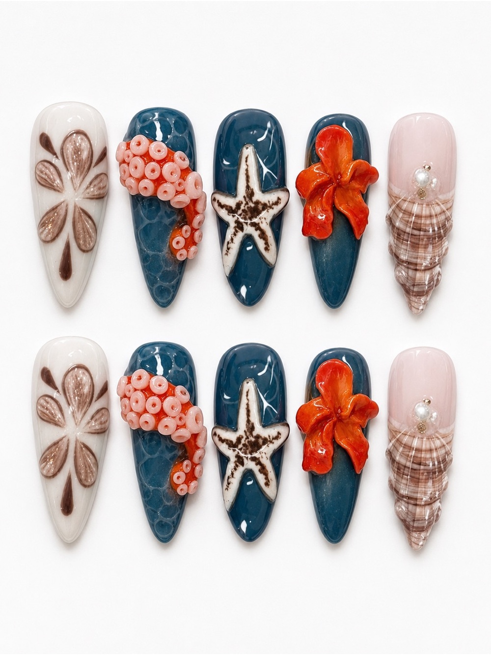 Ocean-Inspired 3D Press-On Nail Set with Starfish & Coral Accents